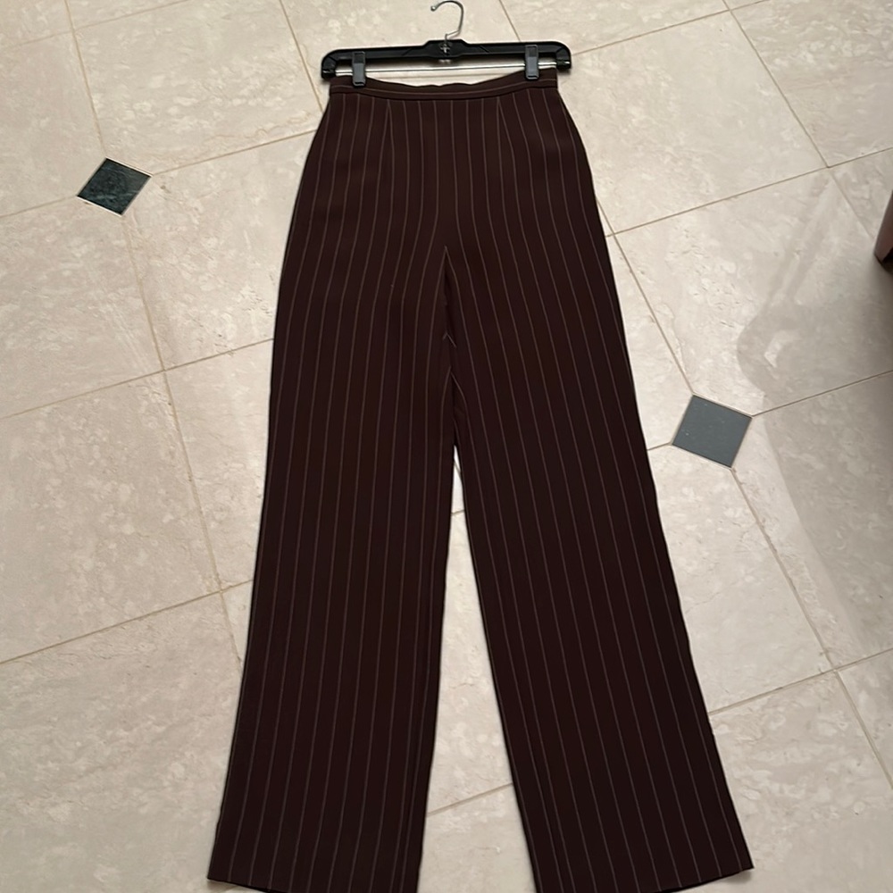 Brown pinstriped straight leg pants